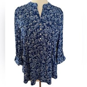 COCOMO Large Blue White Floral 3/4 Sleeve women’s Pintuck Blouse top sh…